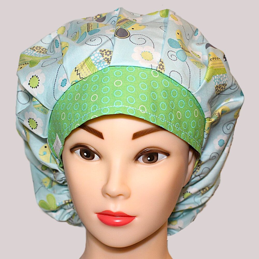 New Bouffant Scrub Cap Baby Bees, Handmade - Green dots